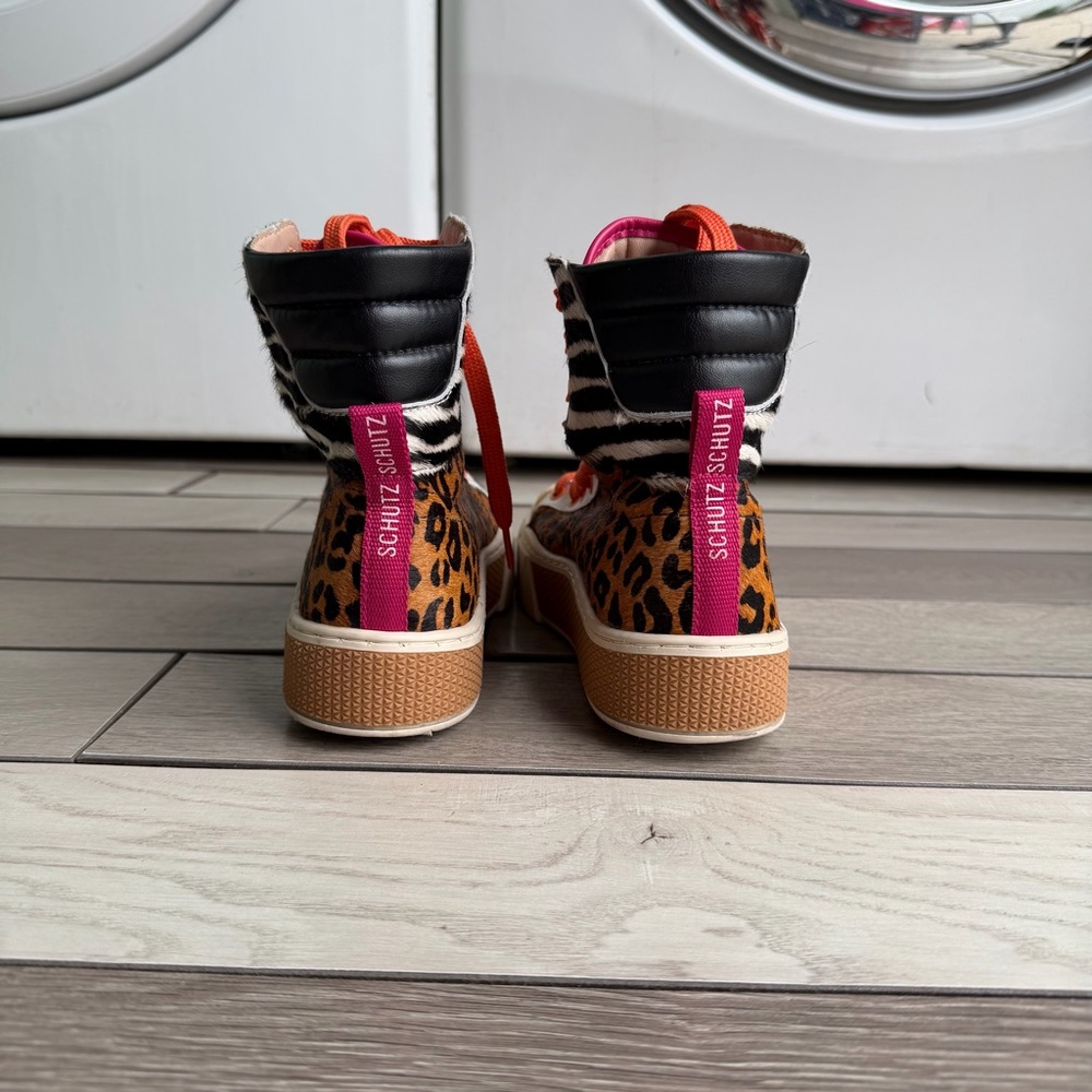SCHUTZ Leopard & Zebra Print High-Top Sneakers with Orange Laces - Picture 5 of 11